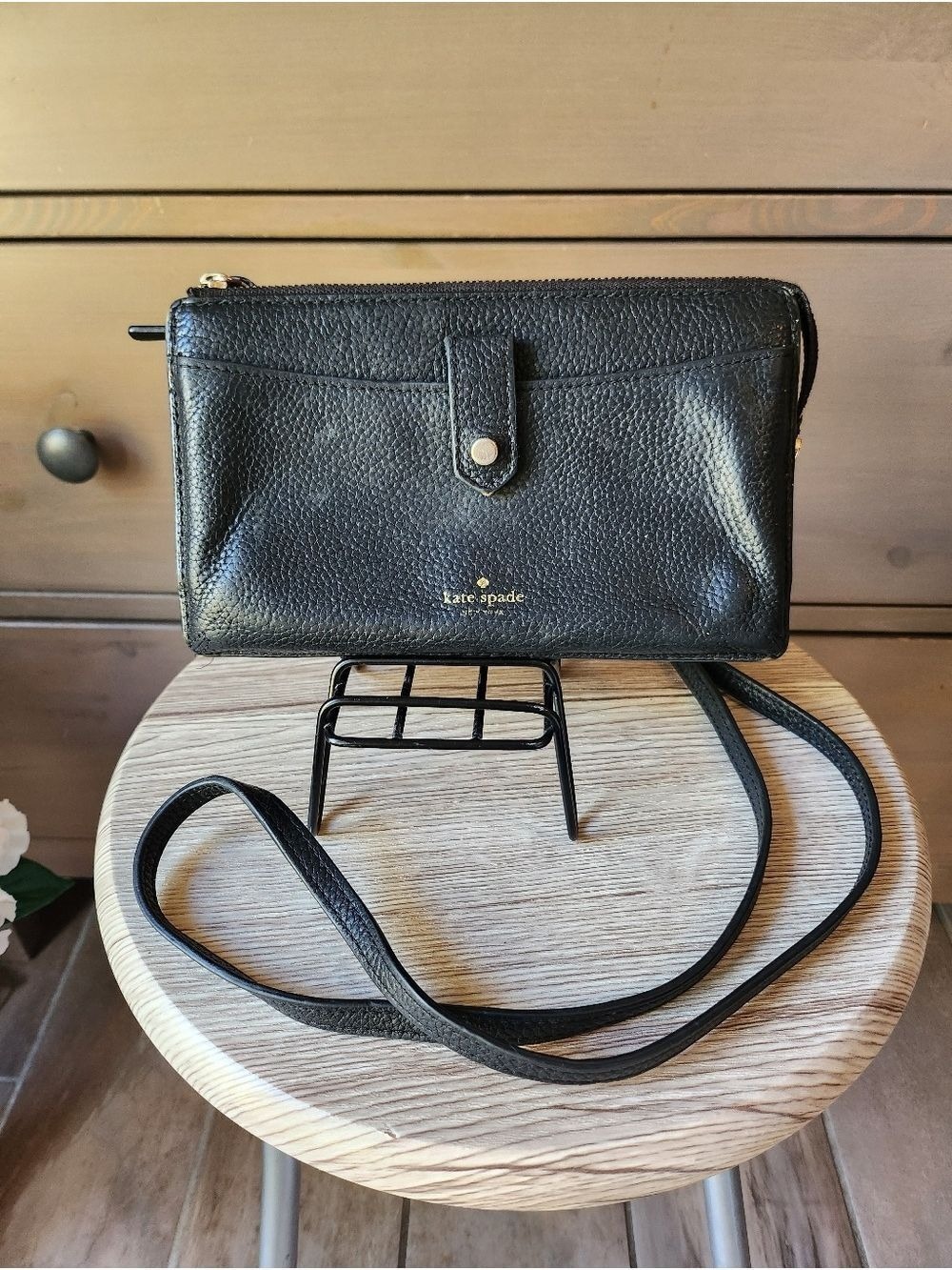 kate spade Black Pebbled Leather Crossbody Wallet with Gold Logo